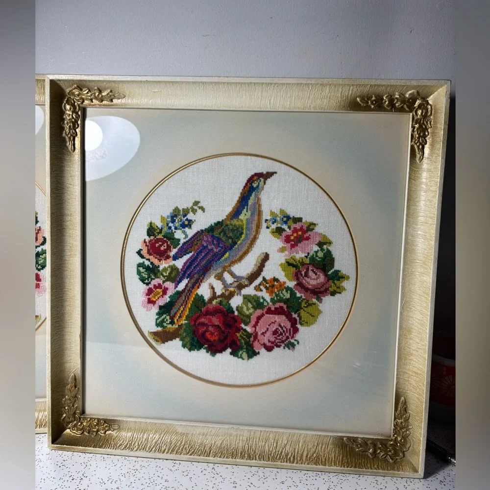 Pair of wood framed colourful bird cross stitch art pieces - Picture 3 of 12